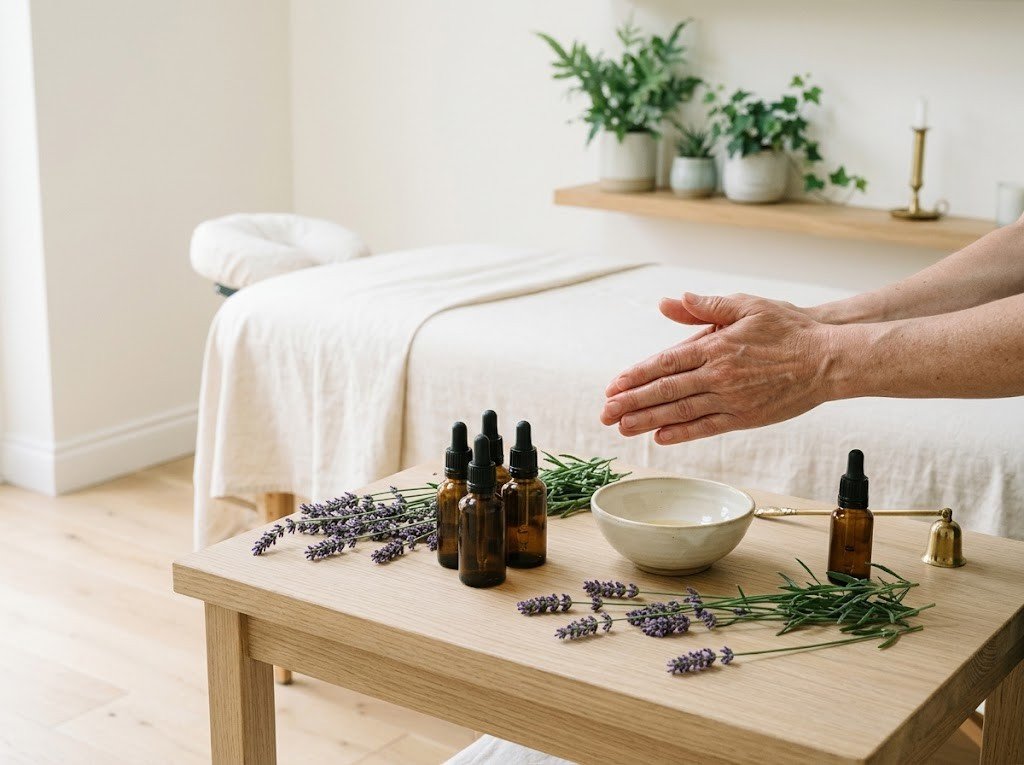 Amber essential oil bottles and lavender beside a massage table for an aromatherapy massage