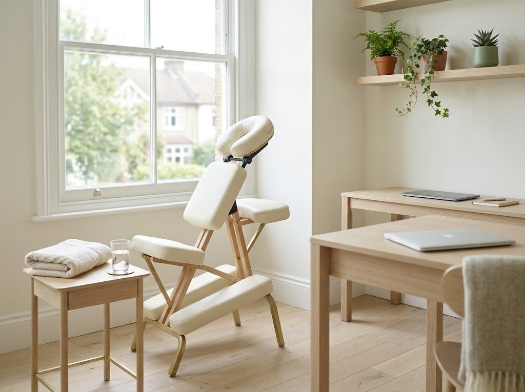 Folding massage chair set up by an office window for workplace chair massage