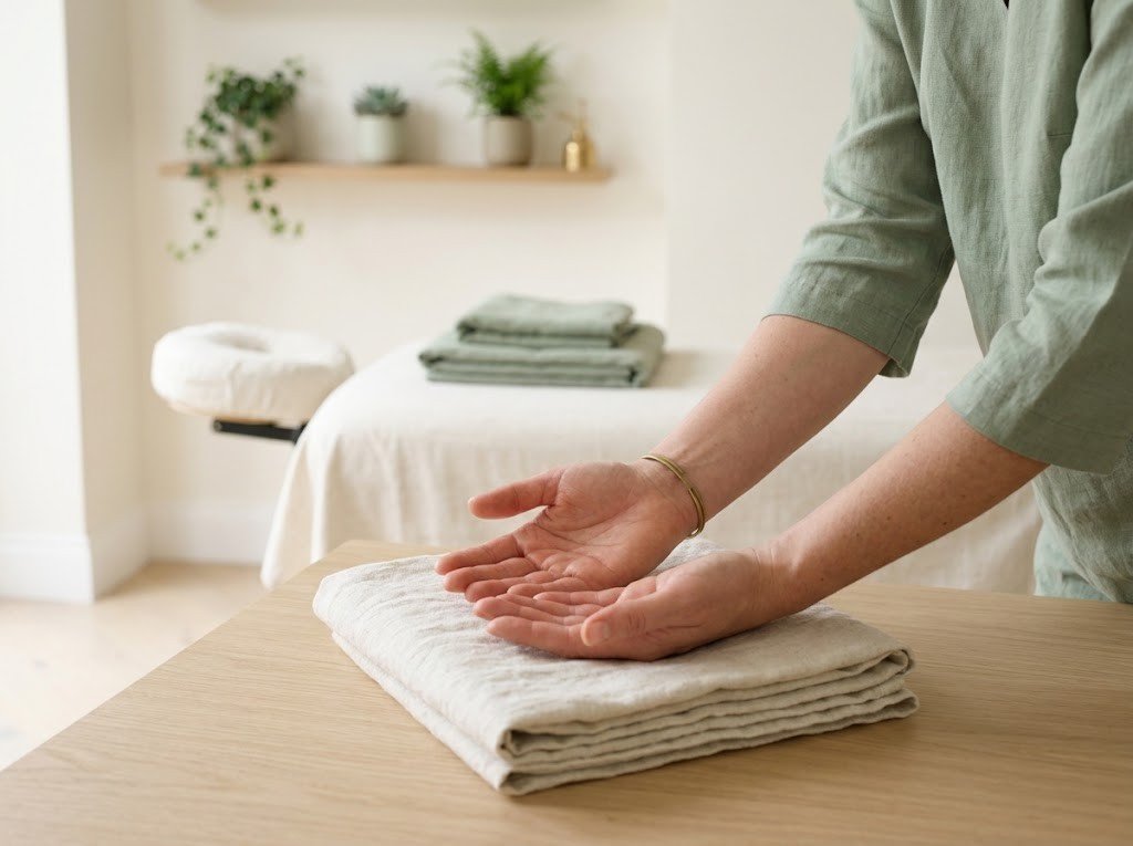 Massage therapist hands and forearms resting on a folded towel before a deep tissue treatment