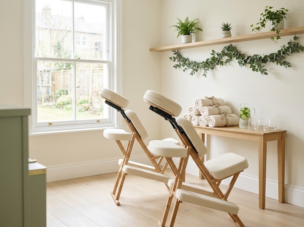 Two massage chairs and rolled towels prepared for an event or party package