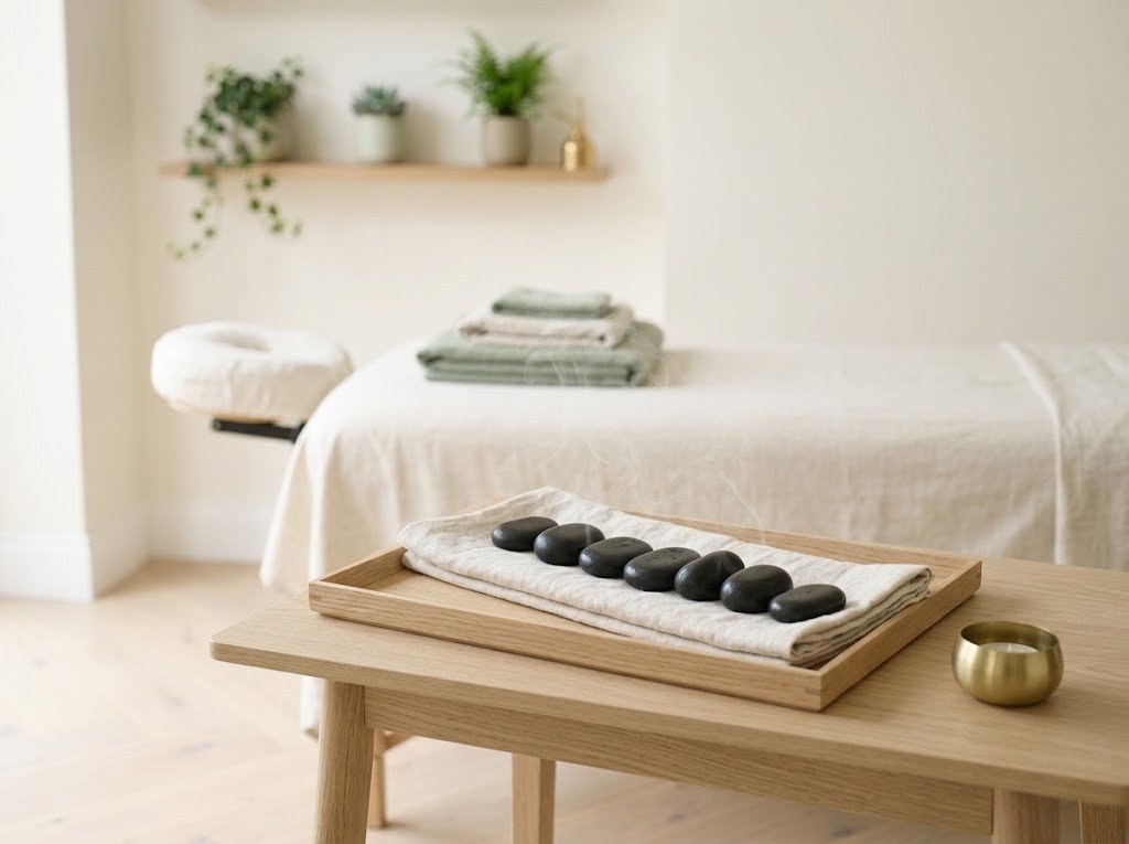 Warm basalt stones laid out on an oak tray for a hot stone massage