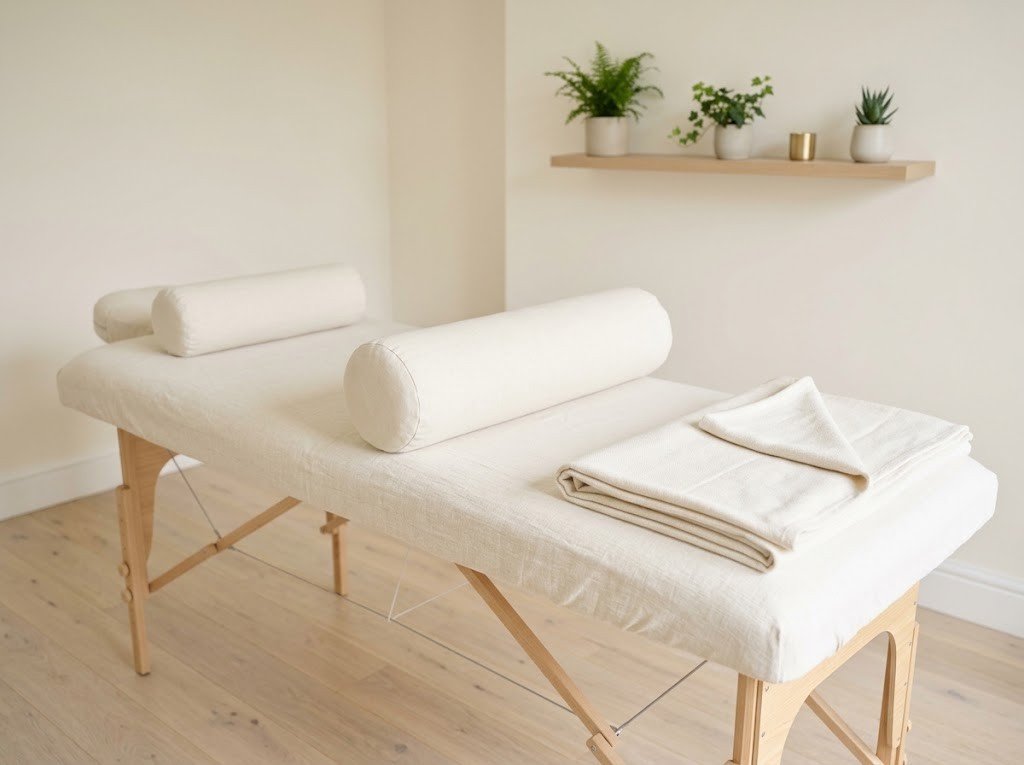 Massage table set with side lying bolsters for a pregnancy massage at home