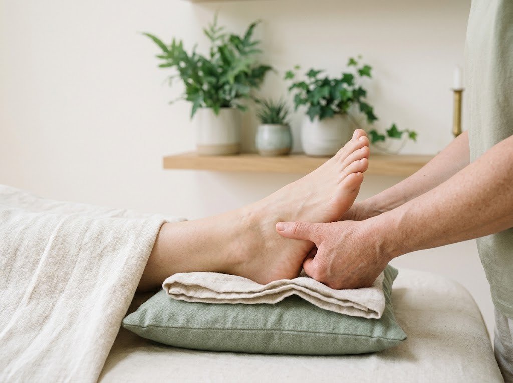 Thumbs pressing into the arch of a foot during a reflexology treatment