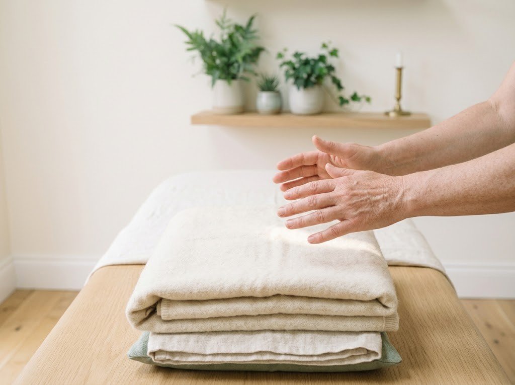 Open hands held just above a folded blanket during a Reiki healing session