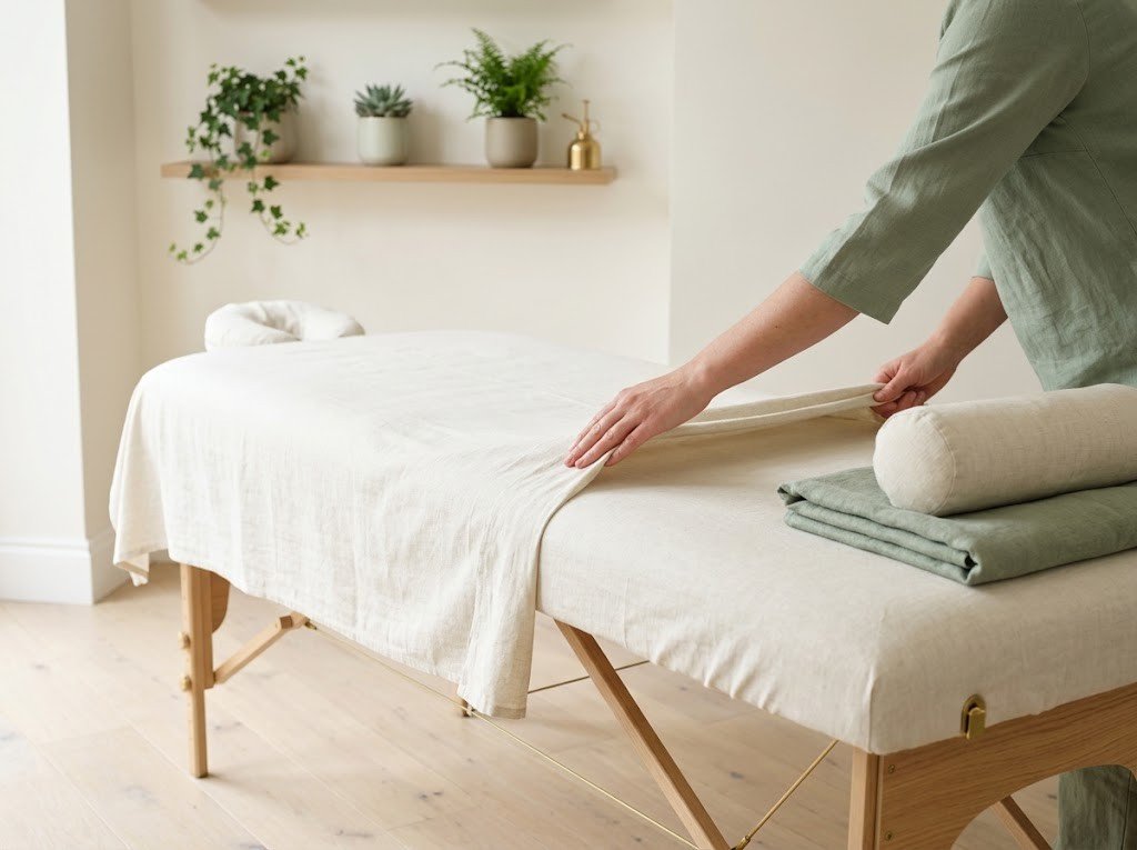 Massage table dressed in cream linen, ready for a Swedish massage at home in the Chilterns