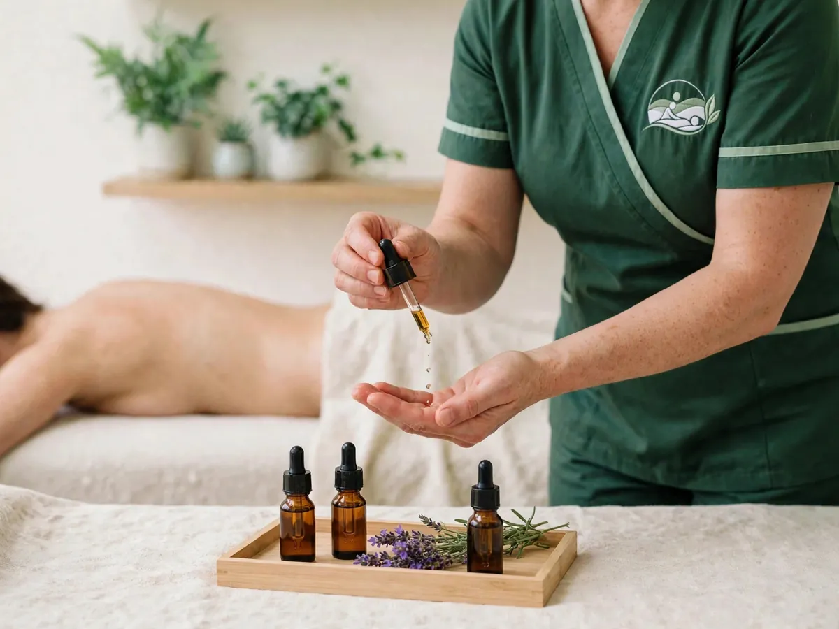 Aromatherapy massage: therapist dropping blended essential oil into her palm above amber bottles and lavender
