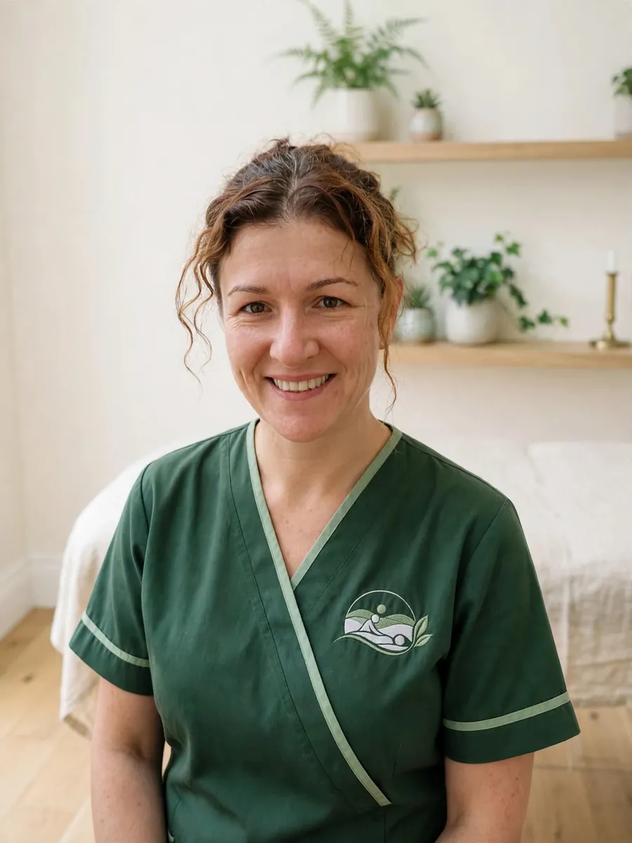 Céline J Anderson, mobile massage therapist in Chesham, smiling in her green Chiltern Mobile Massage tunic