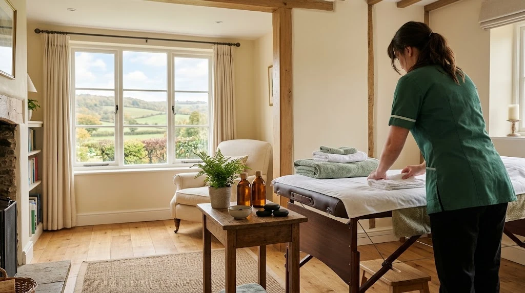 Massage table set up in a bright Chilterns living room for a mobile massage at home