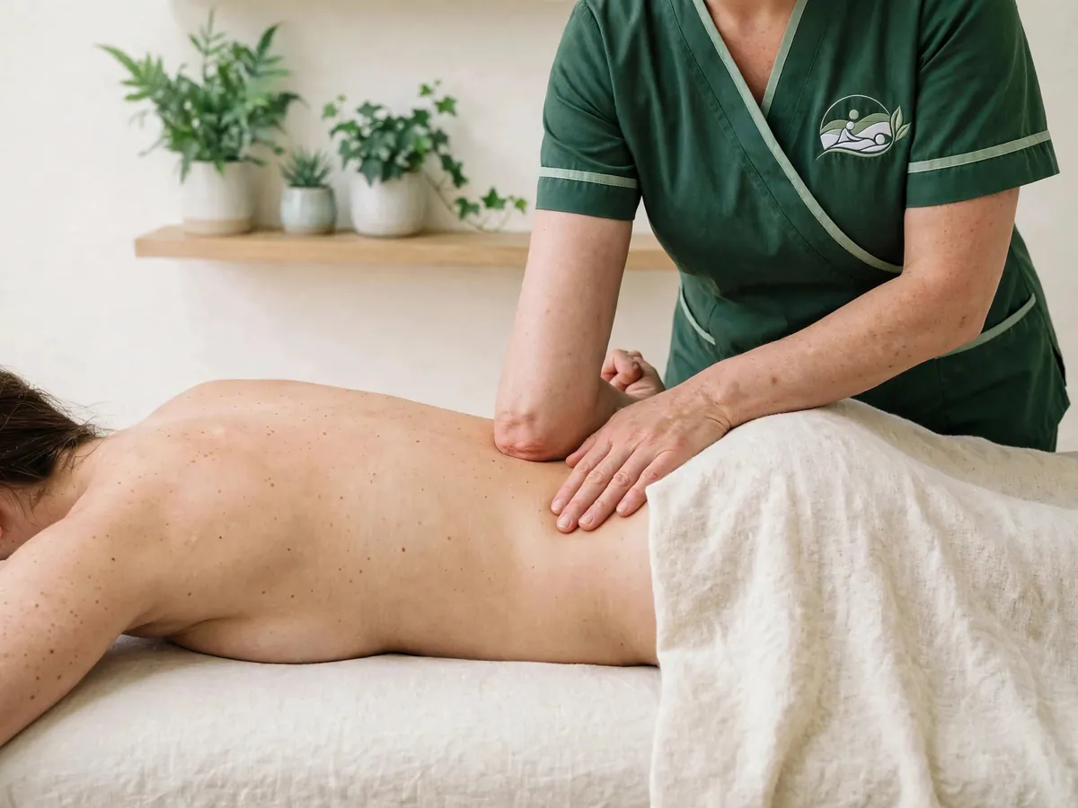 Mobile deep tissue massage in the Chilterns: therapist applying firm elbow pressure beside the spine