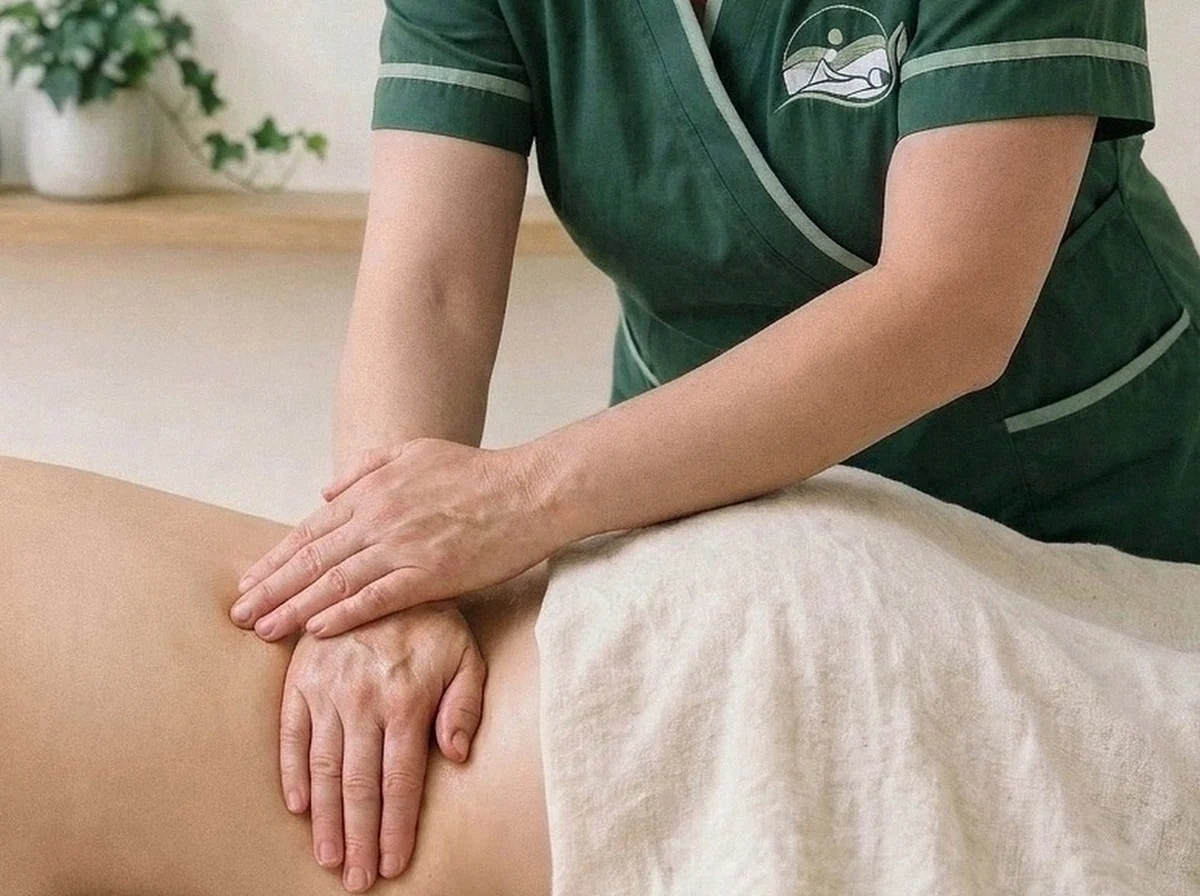 Mobile deep tissue massage in the Chilterns: therapist applying firm two-handed pressure to the lower back