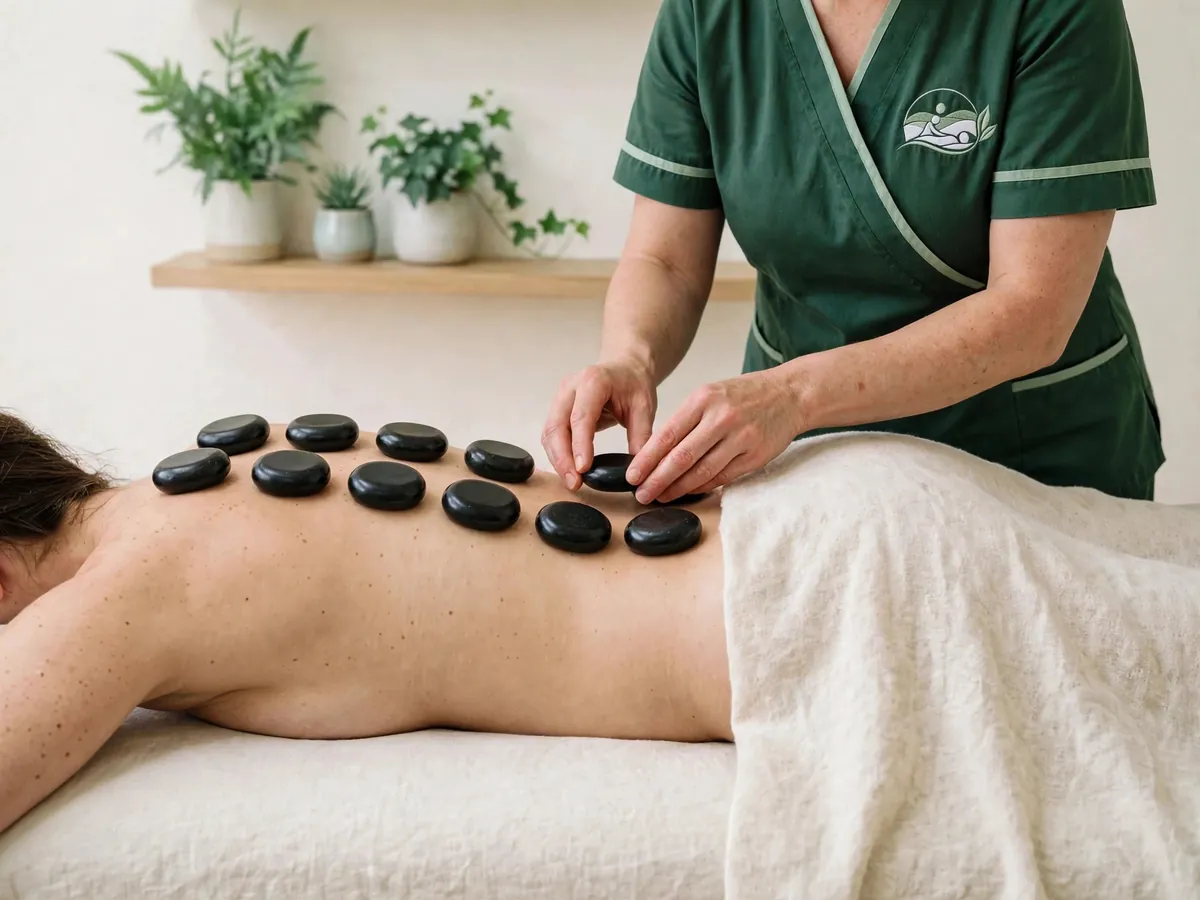Hot stone massage at home: therapist placing warm basalt stones along the client's back