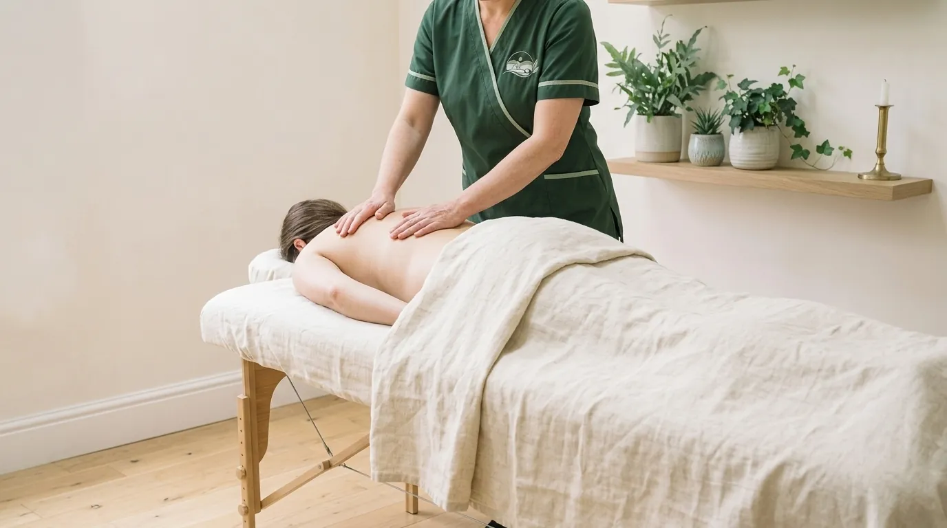 Mobile massage therapist giving a back massage on a portable couch dressed in oatmeal linen in a calm, bright room at home