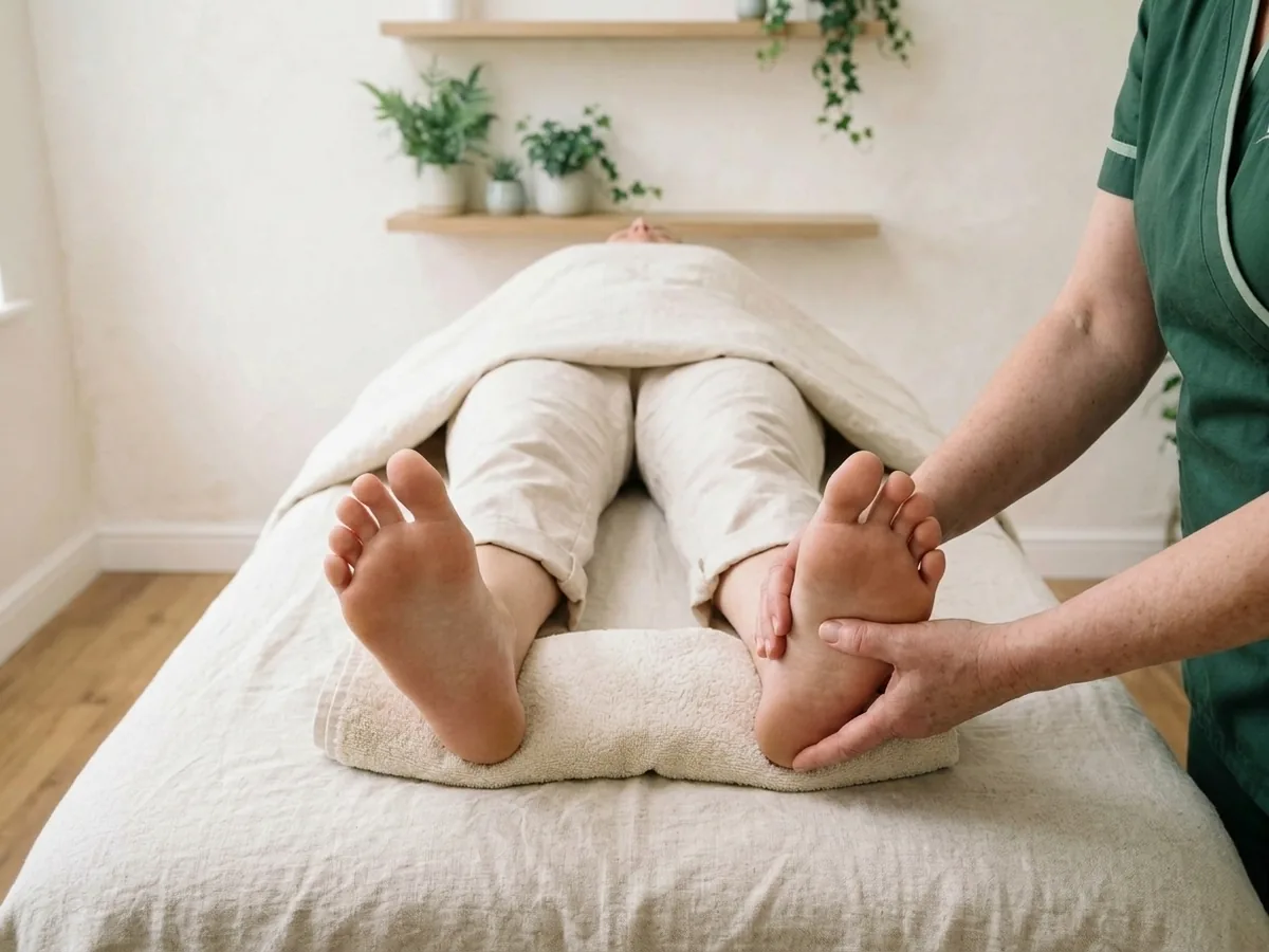 Mobile reflexology at home: therapist pressing a reflex point on the sole of a relaxed client lying on the couch
