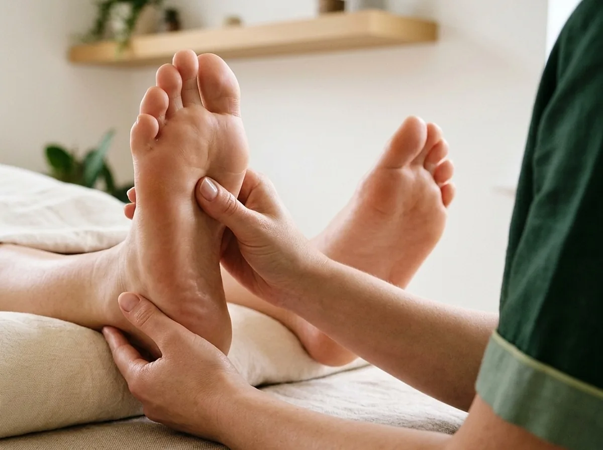 Mobile reflexology in the Chilterns: therapist's hands working a reflex point on the sole of a client's foot