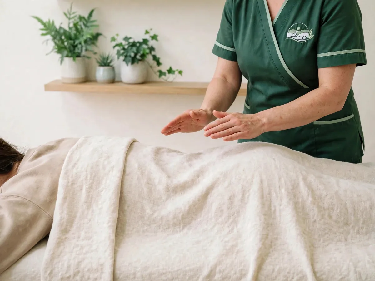 Reiki healing at home: therapist holding her palms above a client resting under a linen blanket