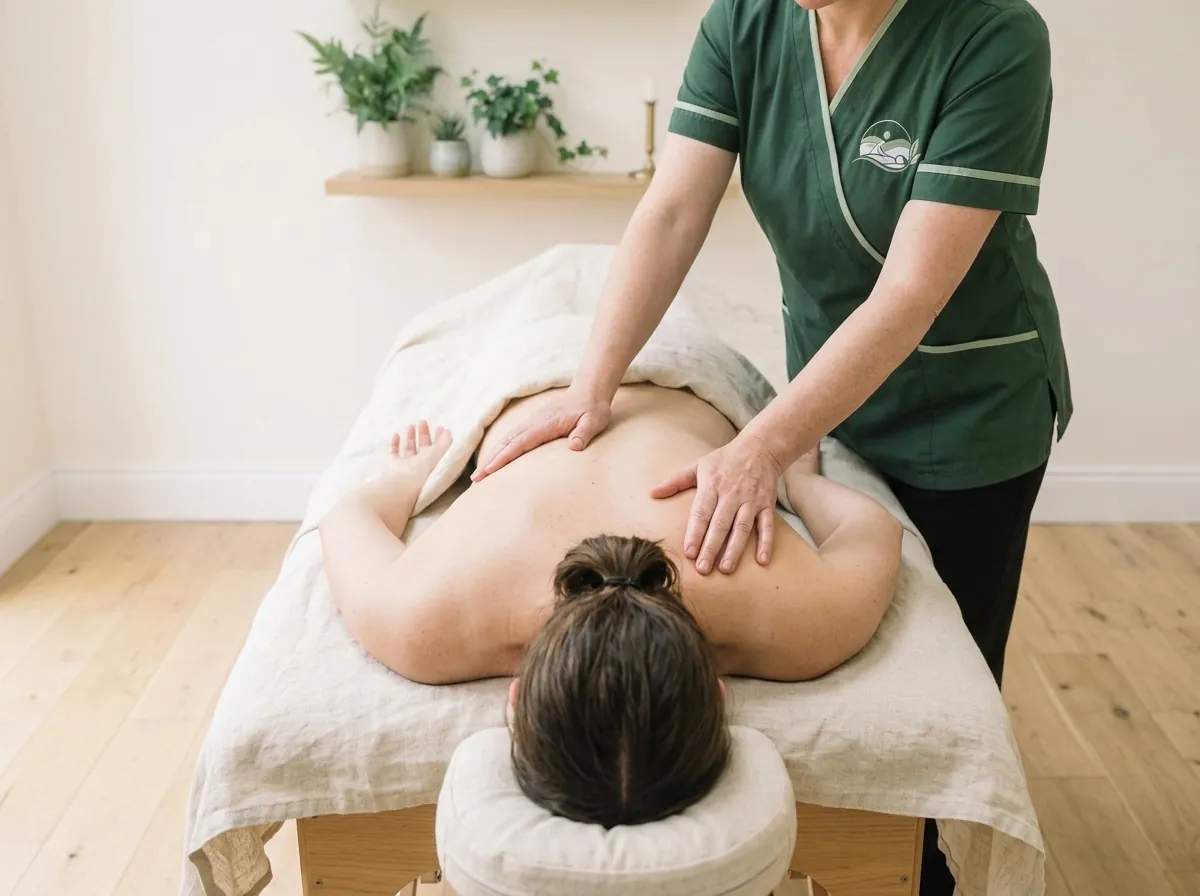 Swedish massage at home: therapist gliding both hands in long strokes across the client's upper back